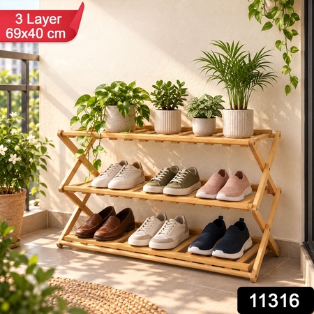 Foldable Bamboo Shoe And Multipurpose Storage Rack (3 Layer 69x40 Cm)