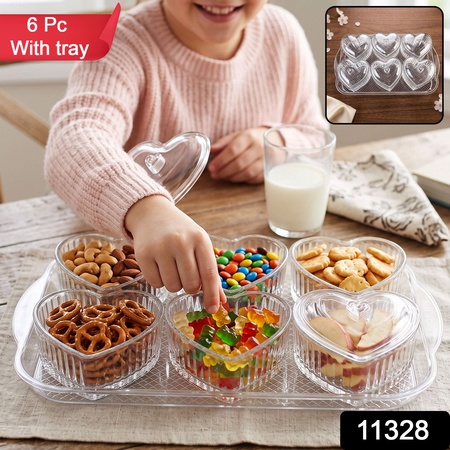 Heart Shape Dessert Bowl Set 6 Pc With Tray And Lids Serving Bowls (6 Pc Set)