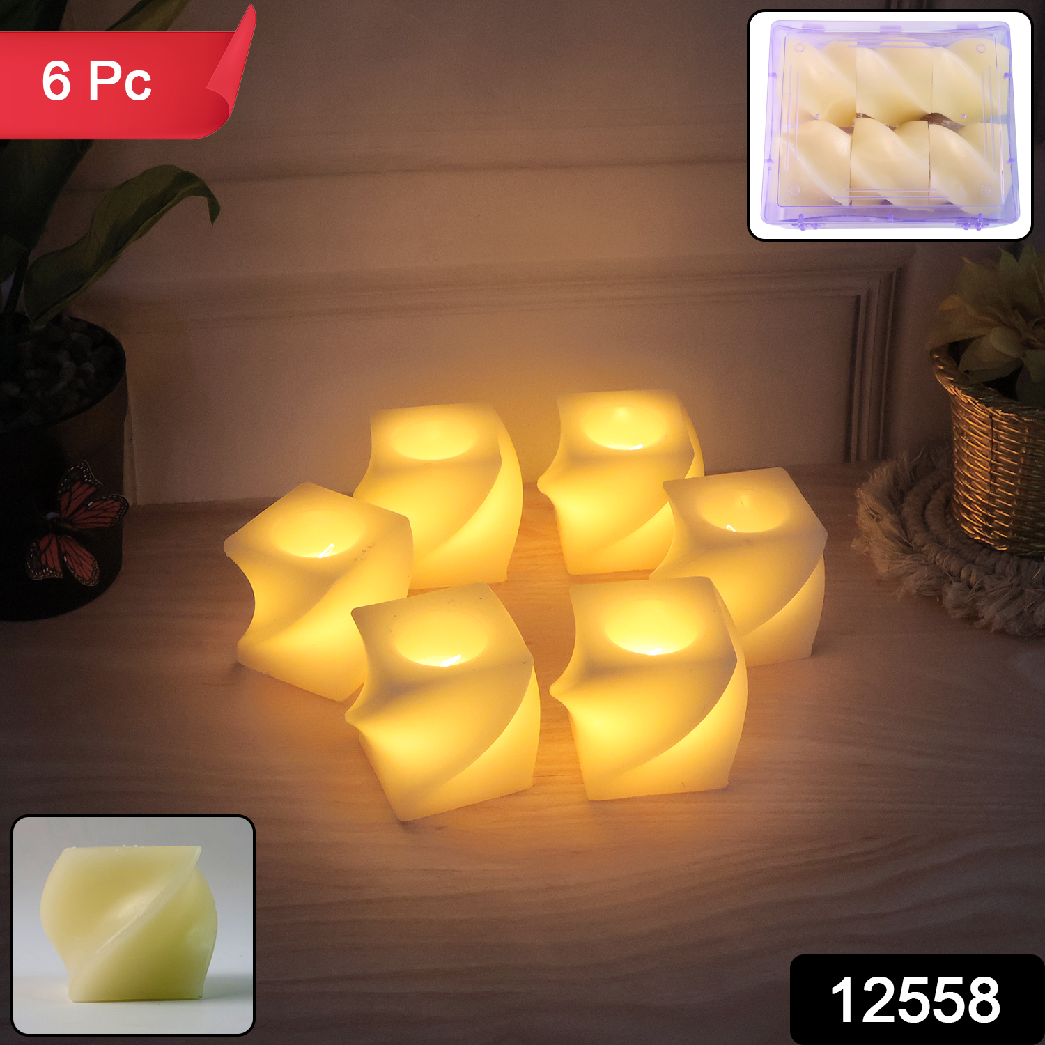 Set Of 6 Led Flameless Decorative Candles Square Shape Tealight Lamps