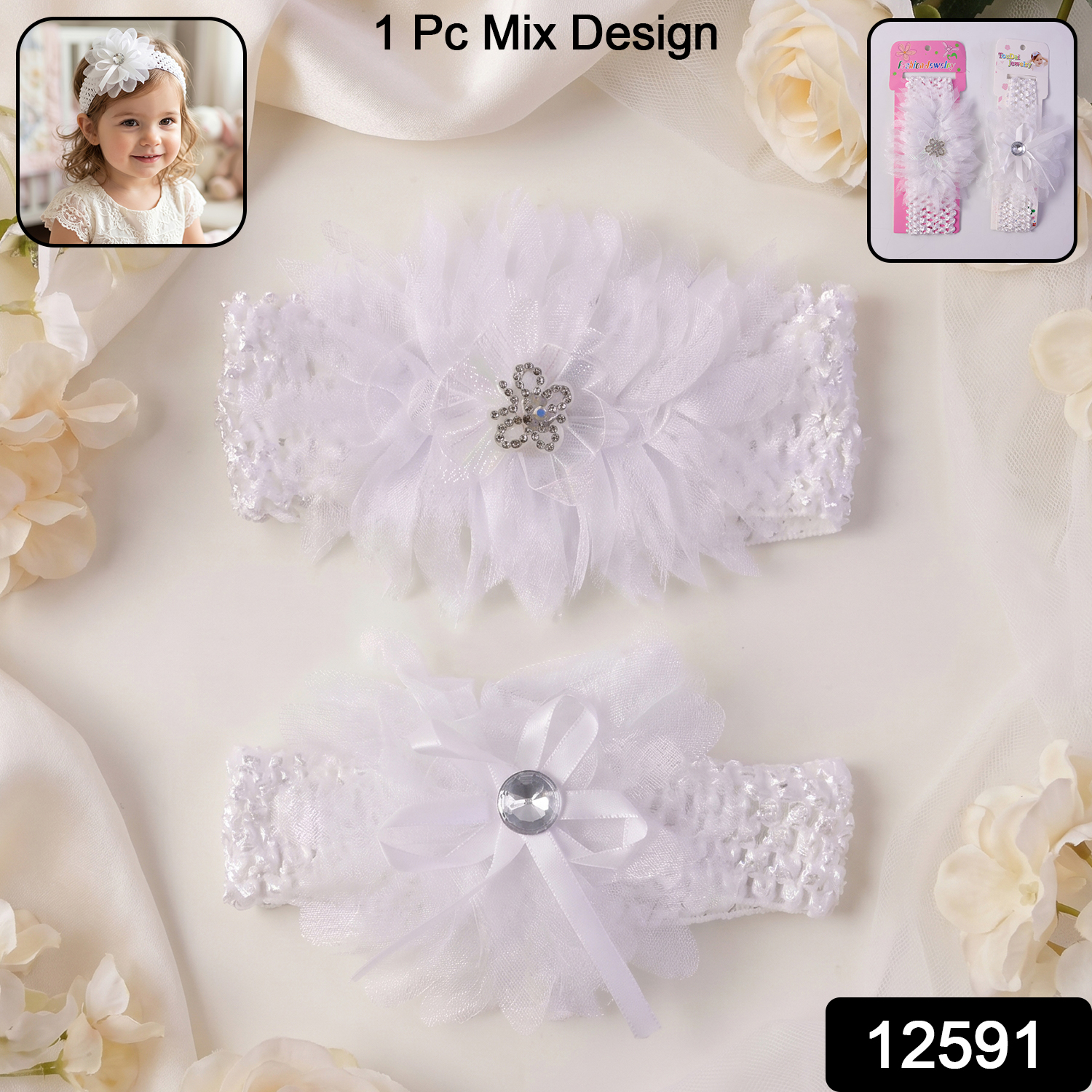 Soft Elastic Baby Hair Headband With Floral Lace Design (1 Pc Mix Design)