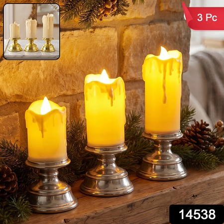 Plastic Flameless Led Candle Set With Pedestal Stand For Decoration (3 Pc)