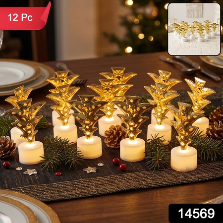 Golden Christmas Tree Led Tealight Candles For Home And Festive Decor (12 Pc Set)