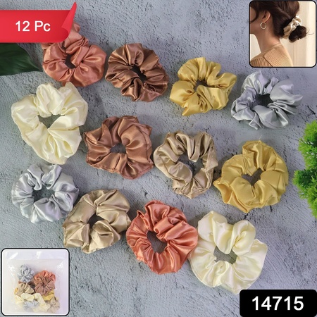 Premium Satin Hair Scrunchies Elastic Hair Ties For Women Girls (12 Pc)