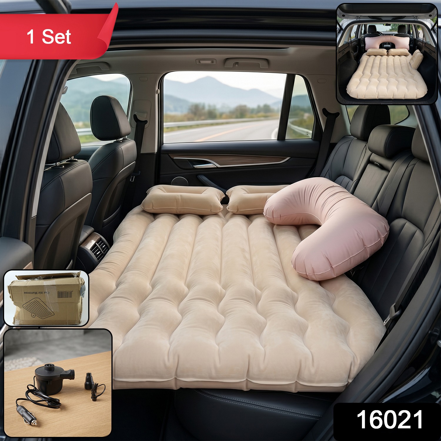 Car Air Mattress Bed Set With Inflatable Pillows And Cushions (1 Set Mix Design)