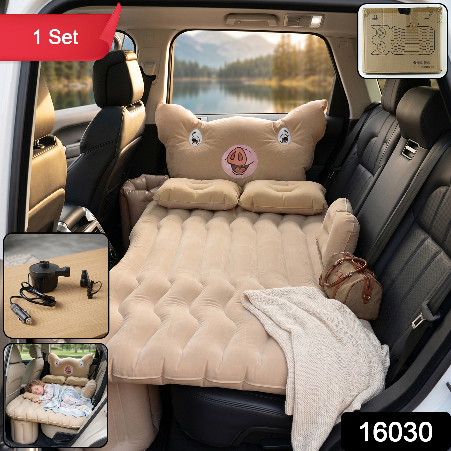Car Air Mattress Bed Set Cartoon Pig Design Inflatable Travel Bed With Pillows