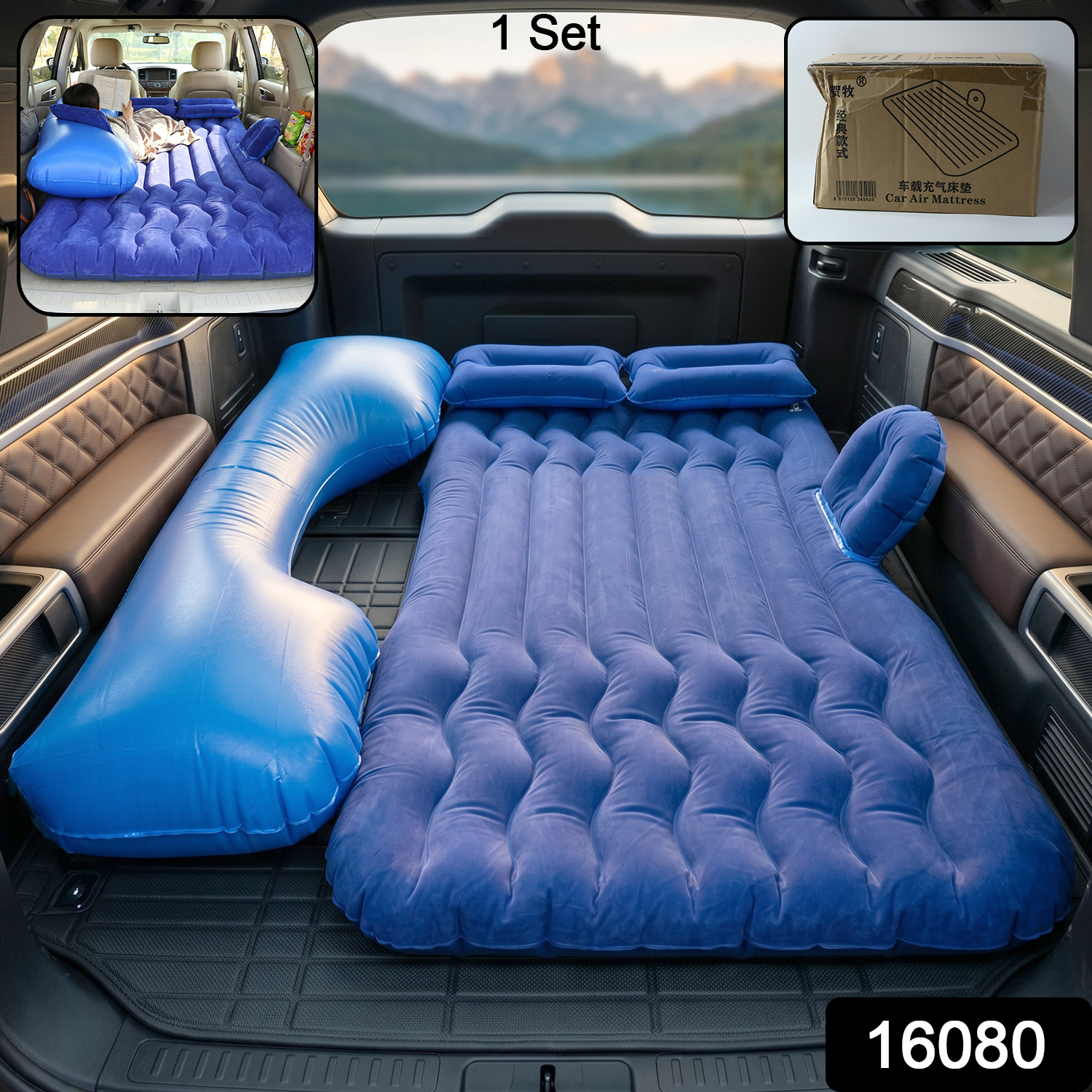 Portable Car Air Mattress Bed Set With Pump Pillows Inflatable (Dark Blue)