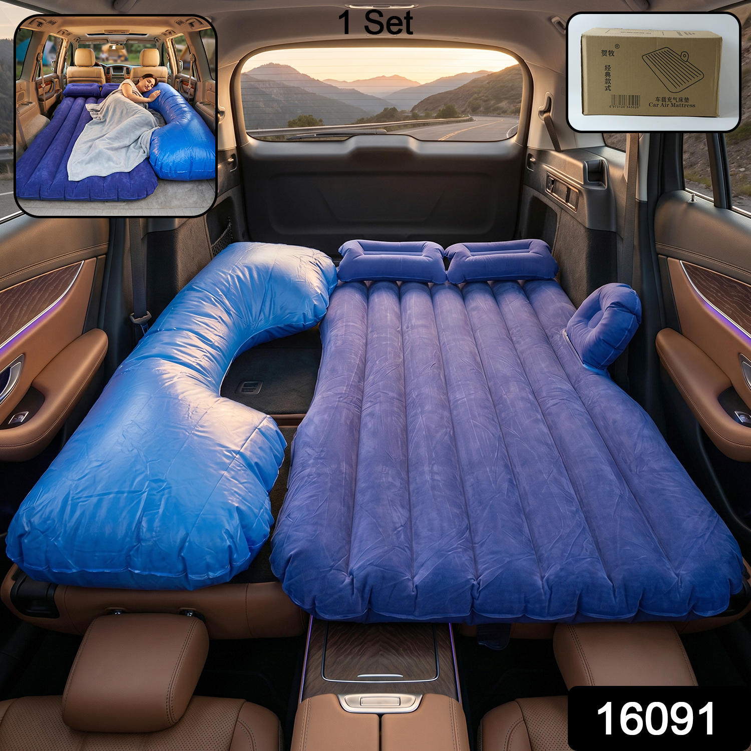 Portable Car Air Mattress Bed Set With Pump Pillows Inflatable (Blue)