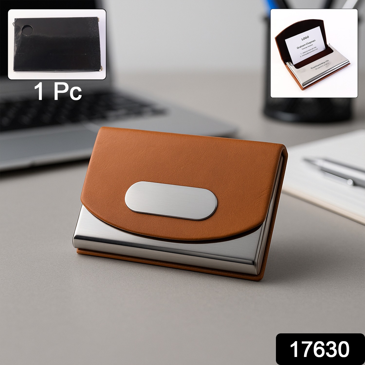 Leather Stainless-steel Business Card Holder (1 Pc)