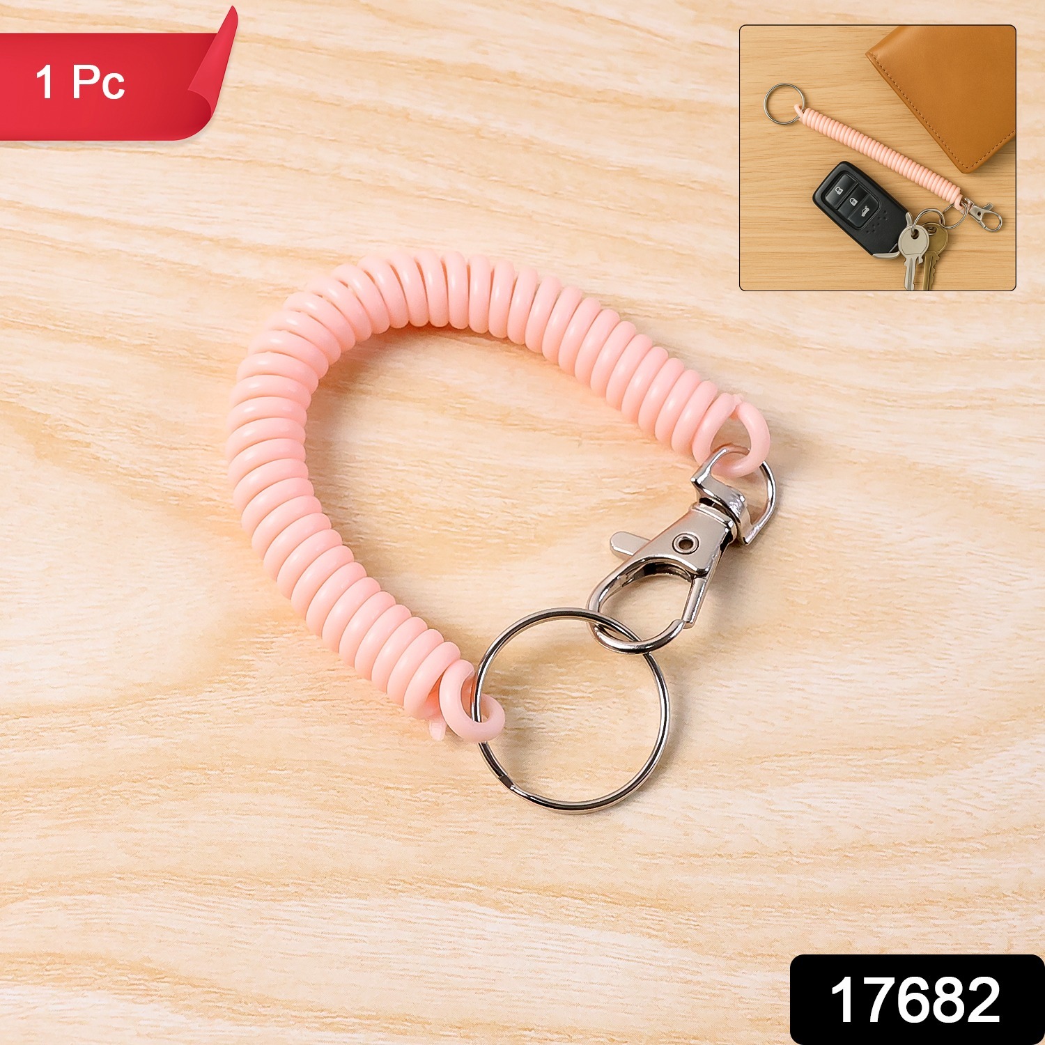 Elastic Spiral Coil Keychain Bracelet With Metal Key Ring And Clip Hook (1 Pc)