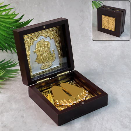 Golden Charan Paduka In Wooden Box Spiritual Gift Pooja Accessory
