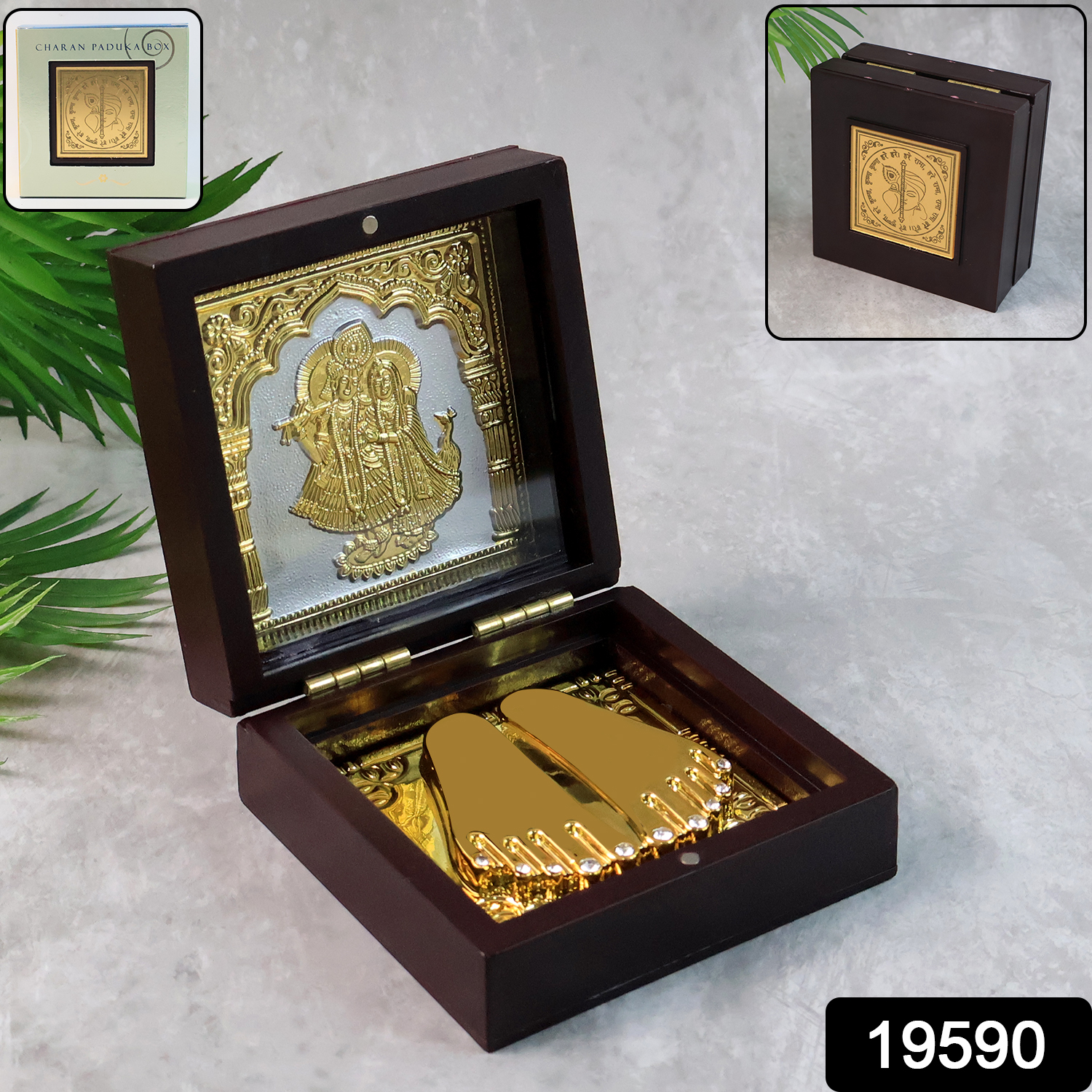 Golden Charan Paduka In Wooden Box Spiritual Gift Pooja Accessory