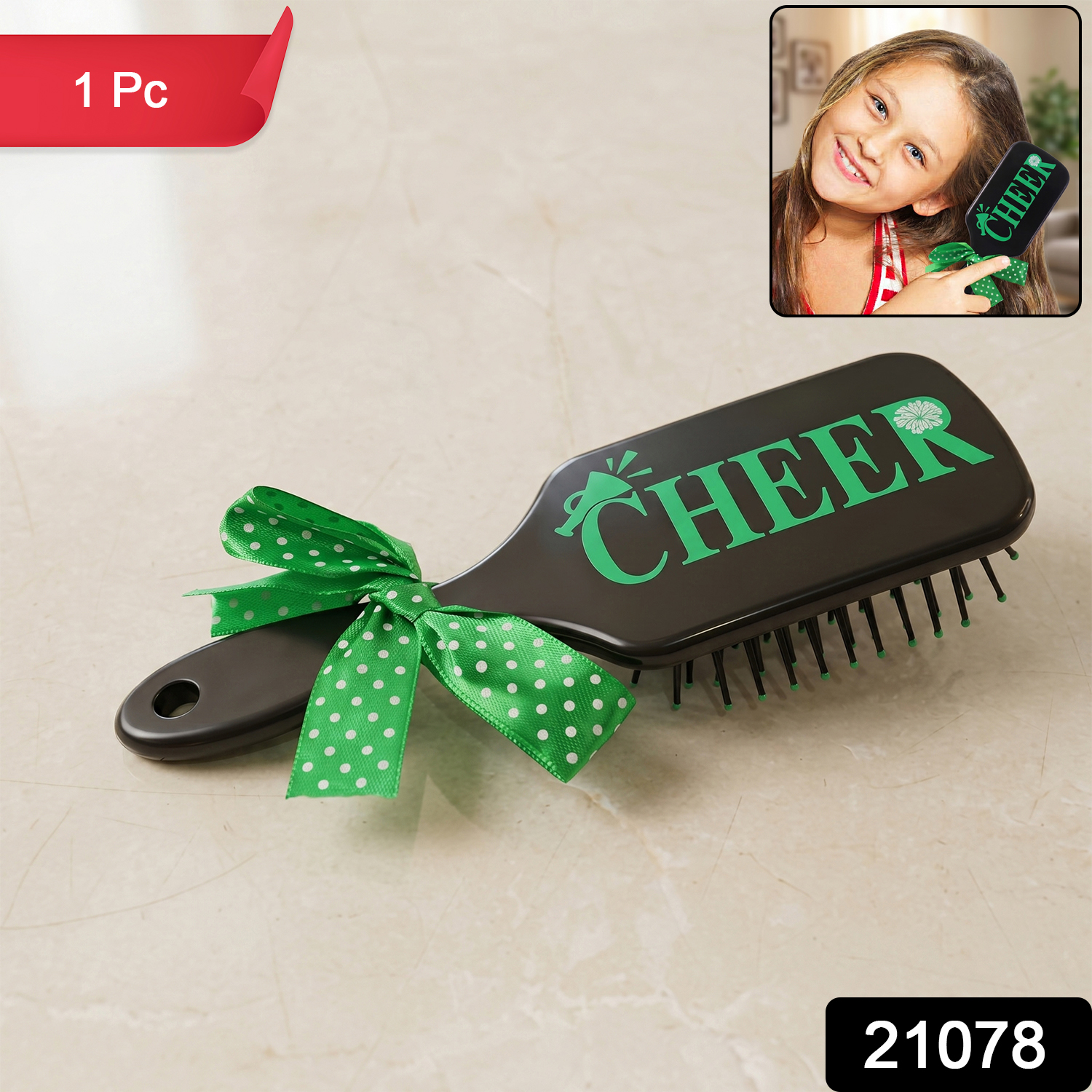 Kids Printed Hair Brush With Cute Ribbon Bow Handle Detangling Hair Comb (1 Pc)