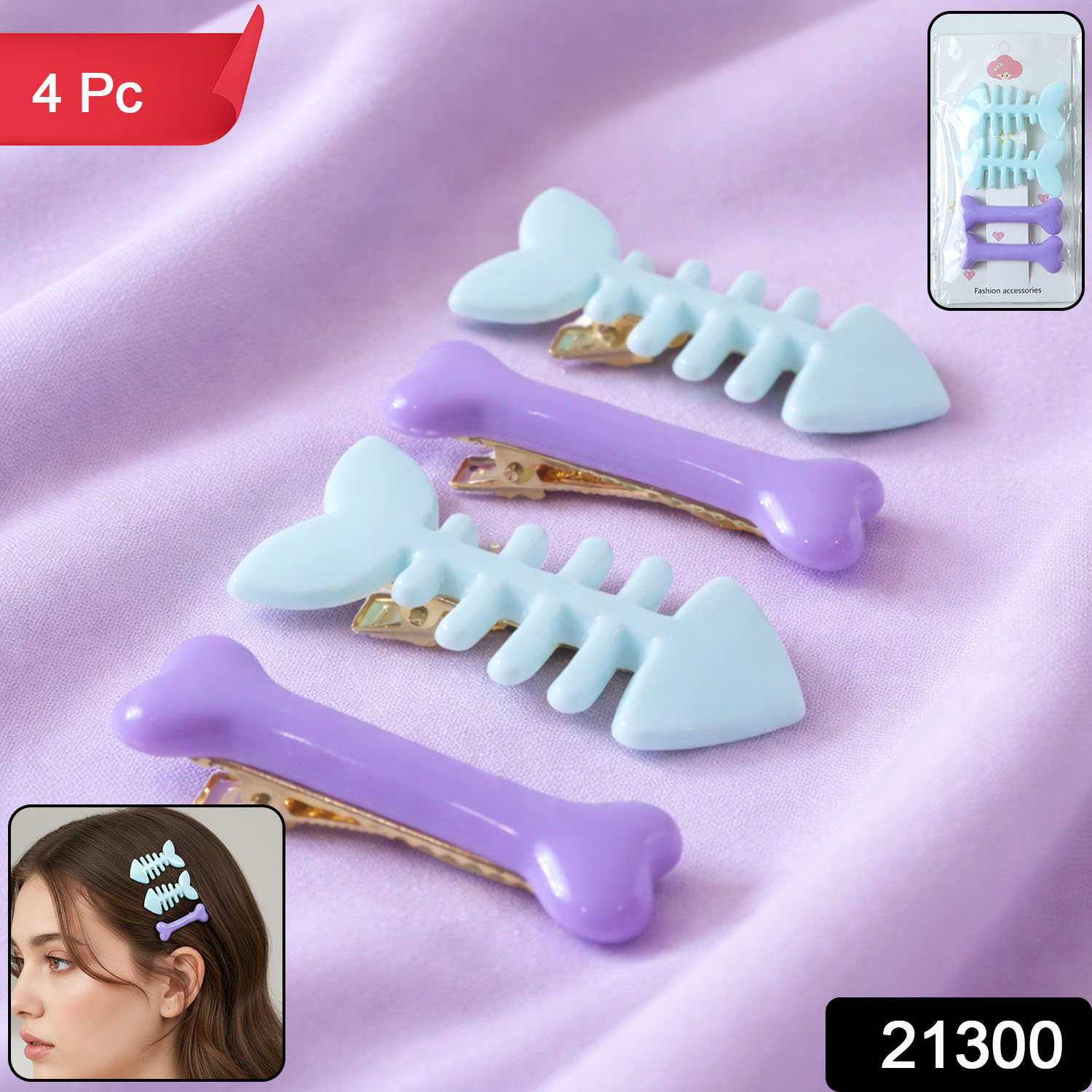 Cute Fishbone Bone Shape Hair Clip Set (4 Pc)