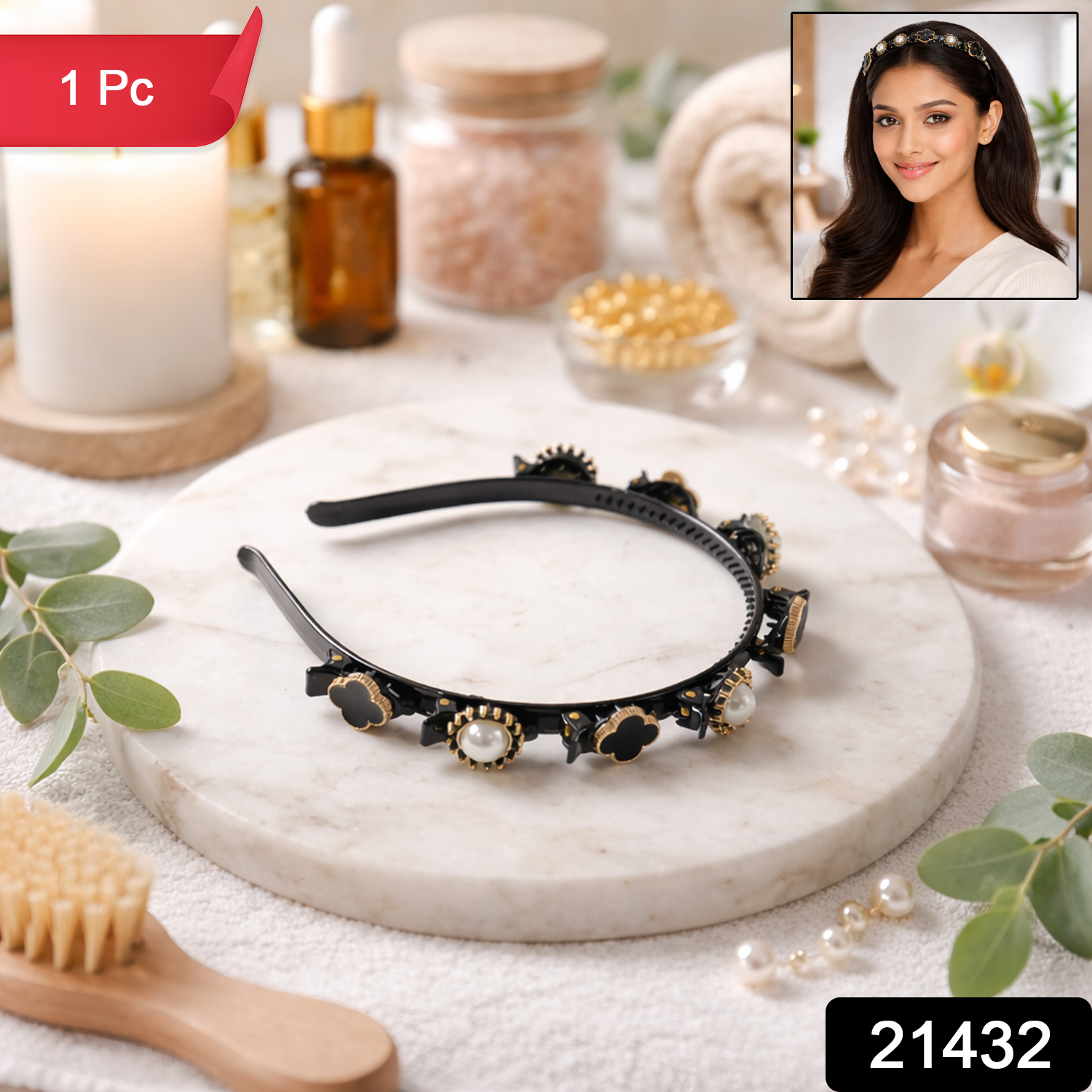 Premium Decorative Headband Stylish Black Gold Finish Hair Band (1 Pc)