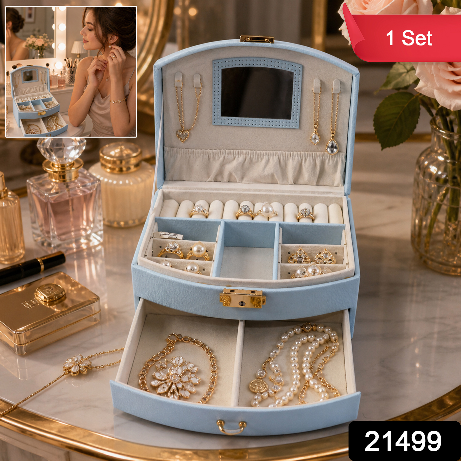 Premium Multi Layer Jewelry Storage Box With Mirror (1 Set)