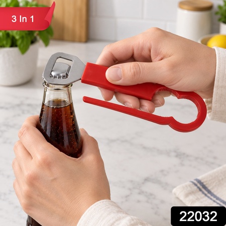 Multipurpose Bottle Cap Opener With Metal Head And Grip For Kitchen (3 In 1)