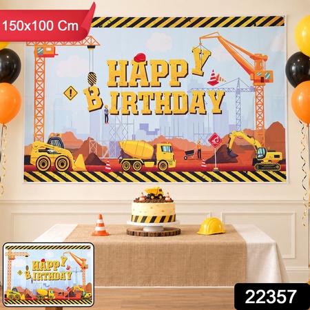 Construction Theme Happy Birthday Backdrop Curtain For Kids Parties (150x100 Cm)