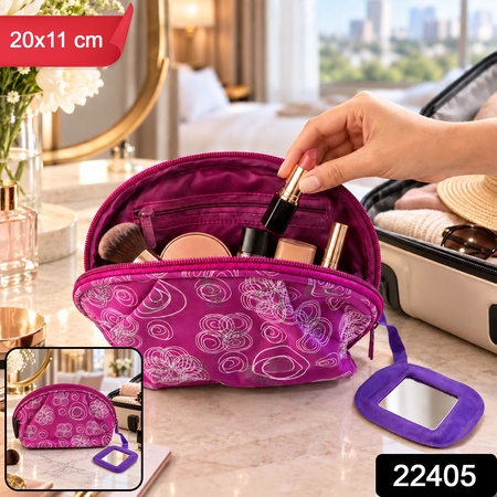 Floral Cosmetic Zipper Pouch With Attached Mirror For Travel Storage (20x11 Cm)