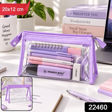 Transparent Pvc Zipper Pouch With Purple Trim For Stationery And Travel (1 Pc 20x12 Cm)