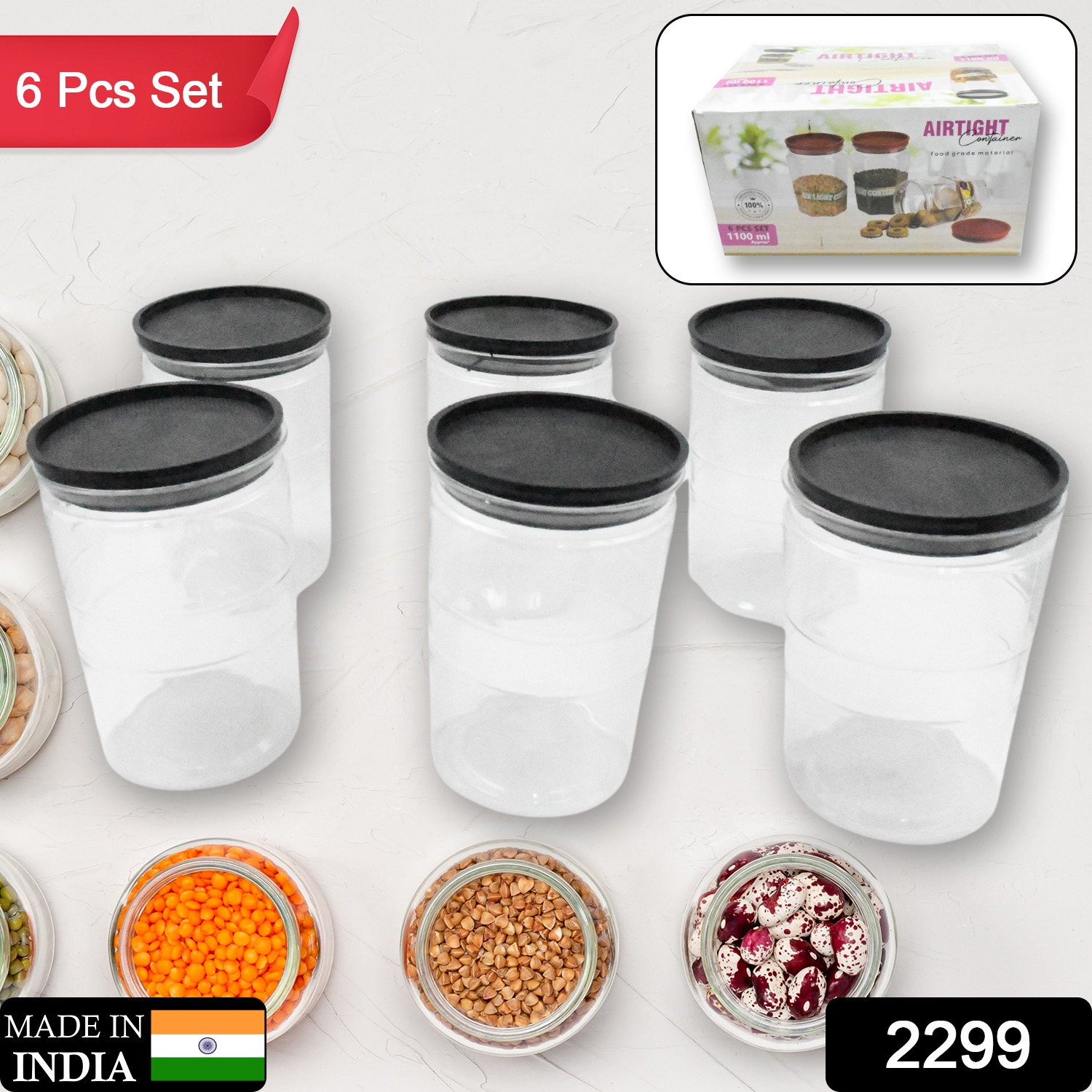 2299 Air Tight Kitchen Storage Container For Rice Dal Atta Bpa-free Flour Cereals Snacks Stackable Modular Round. (Approx - 1100ml Set Of 6pcs)