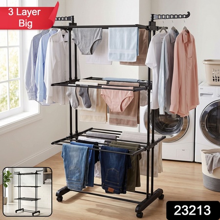Metal Expandable Garment Rack 3 Layer Cloth Drying Stand With Wheels (1 Pc)