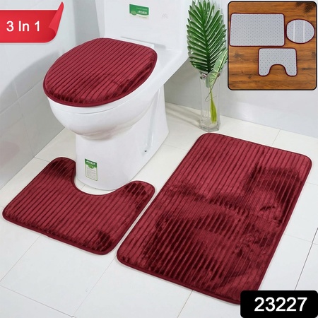 3 In 1 Anti Slip Bathroom Mat Set With Contour Mat And Lid Cover (3 Pc Set  Mix Color)