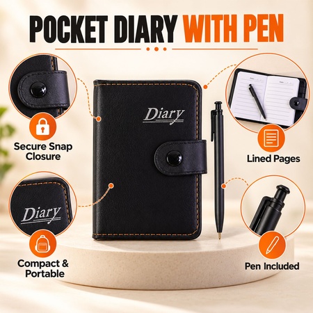 Lined Pocket Notebook Diary With Pen And Snap Closure (1 Pc 12 X 8 Cm)