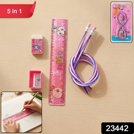 Kids School Stationery Kit 5 In 1 Cute Cartoon Set With Flexible Pencils