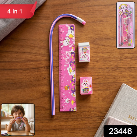 4-in-1 Cute Pink Stationery Set With Ruler Pencil Eraser Sharpener