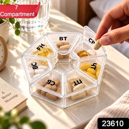 Medicine Pill Box With Clear Flip Lids For Weekly Travel Storage (7 Compartment)