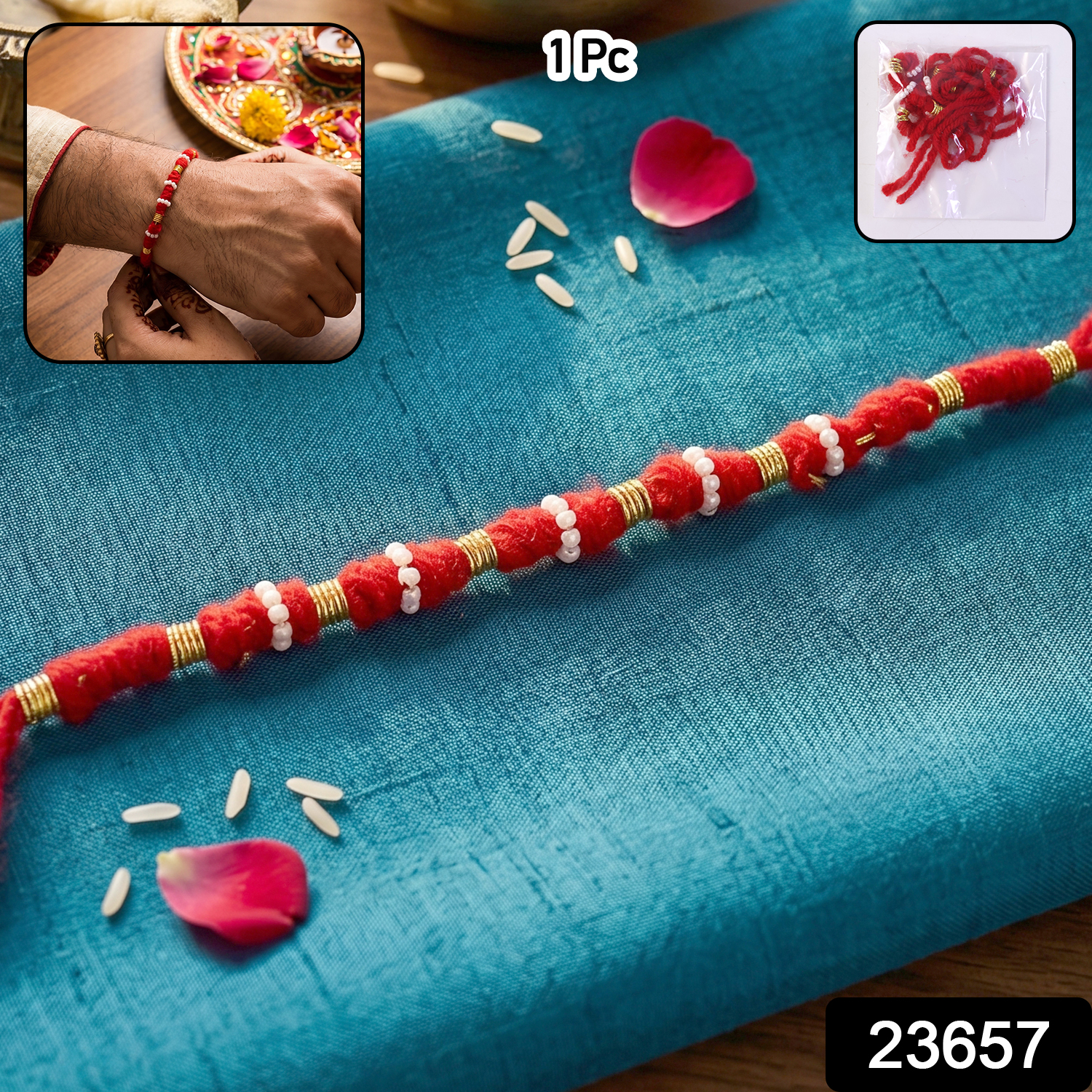 Handmade Red Bracelet Rakhi With White Beads (1 Pc)