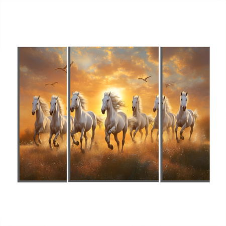 Horses Sunset 3 Panel Mdf Wall Frame Wall Art Painting 16.5x12in (1 Pc)