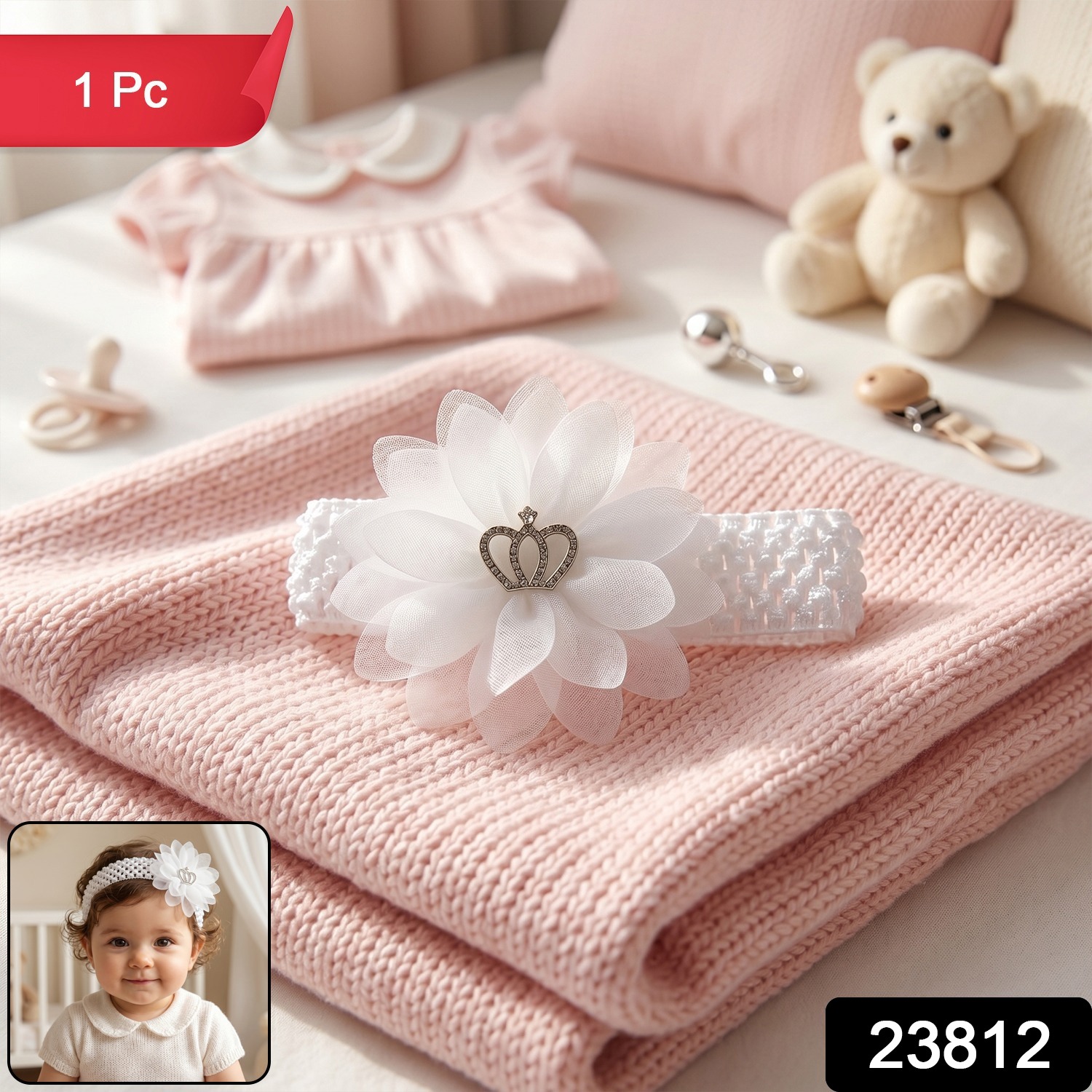 Soft Elastic Baby Hair Headband With Crown Flower Design (1 Pc)