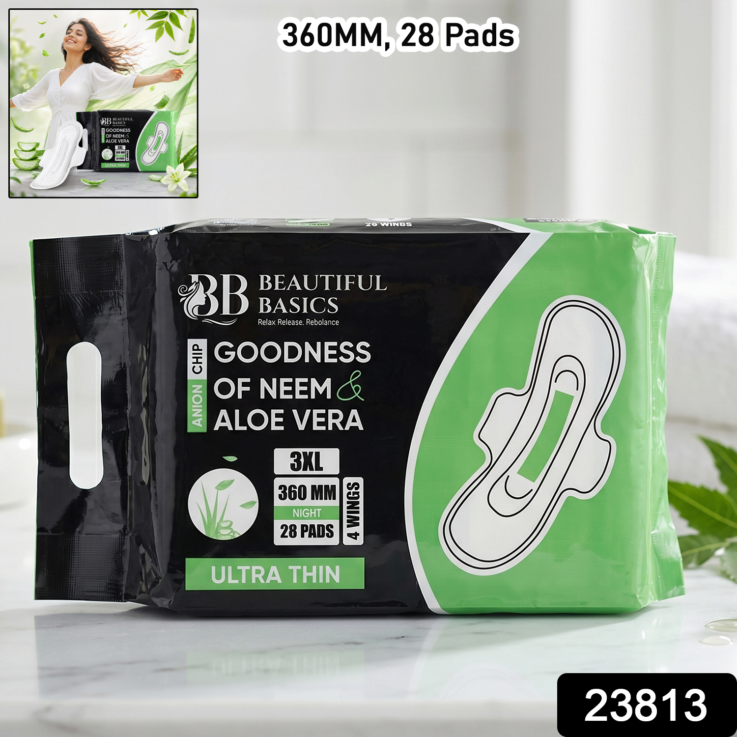 Beautiful Basics Neem Aloe Vera Sanitary Pads 3xl 360mm Night (28 Pads)