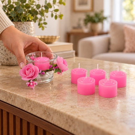 Decorative Pink Wax Candle Gift Set With Rose Floral Glass Holder (1 Set)