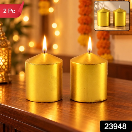 Golden Decorative Wax Pillar Candles For Festive Home Table Decor (2 Pc Set)