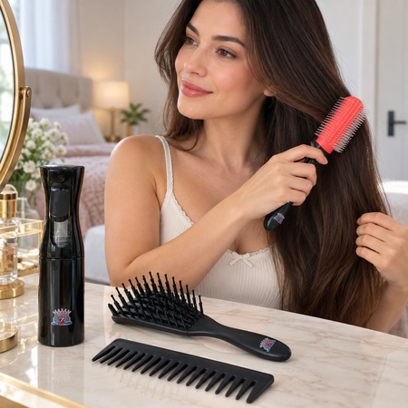 Hair Grooming Set With Spray Bottle Brushes And Wide Tooth Comb (4 In 1)