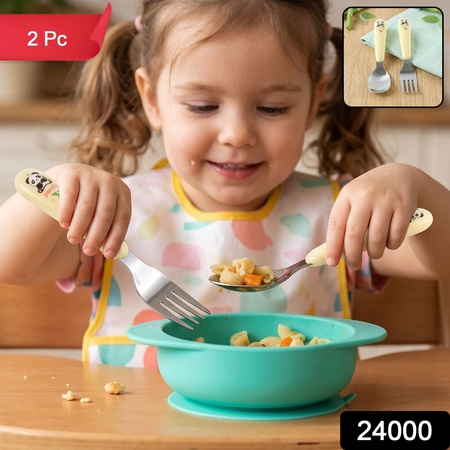 Kids Cartoon Spoon And Fork Set With Easy Grip Handles For Daily Feeding (2 Pc)