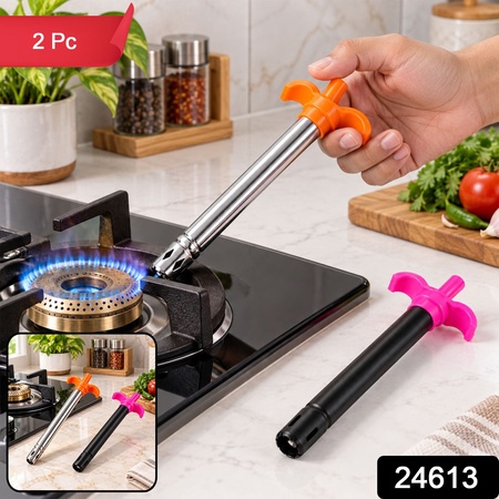 Kitchen Gas Stove Lighters With Metal Body And Push Plunger Finger Grip (2 Pc)