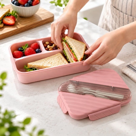 Lunch Box With Spoon Fork And Cutlery Storage For School (3 Compartment)