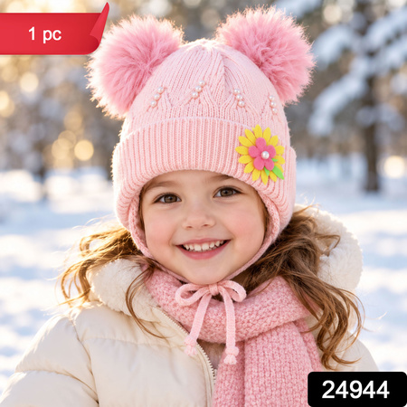Kids Soft Knitted Winter Caps With Twin Pom Poms And Floral Detail (1 Pc)