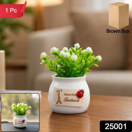 Mini Artificial Plant With Ceramic Pot White Flower Bonsai For Home Decor (1 Pc)