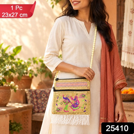 Traditional Embroidered Fringe Sling Jute Purse With Dual Zips (1 Pc 23x27 Cm)