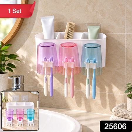 Wall Mounted Toothbrush Holder With 3 Cups And Bathroom Storage (1 Set)