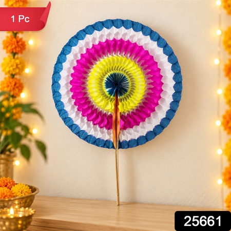 Colourful Folding Paper Hand Fan With Wooden Handle For Parties (1 Pc)