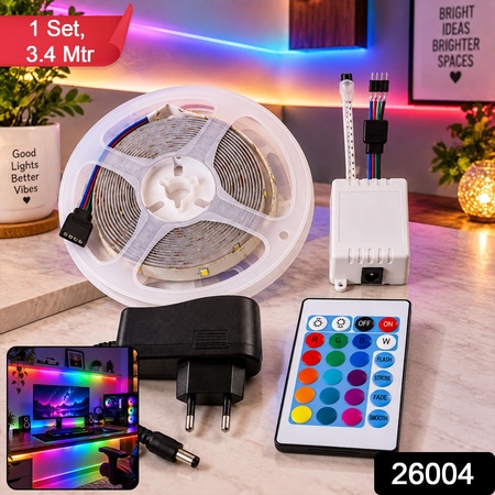 Rgb Led Strip Light With Remote And Adapter For Room Decor (1 Set 3.4 Mtr)