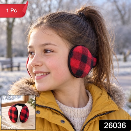 Check Pattern Winter Warm Ear Muffs With Behind Neck Band For Daily Use (1 Pc)