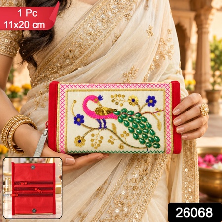 Traditional Peacock Embroidered Clutch Wallet Purse With Zip (1 Pc 11x20 Cm)