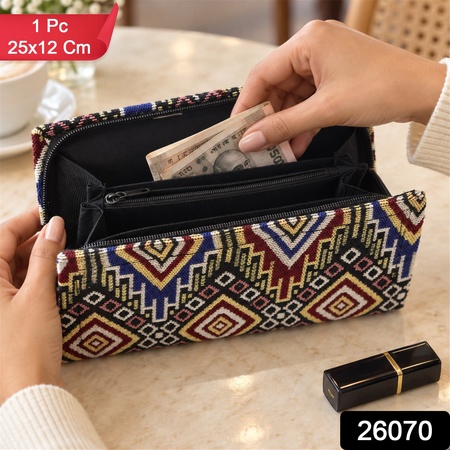 Traditional Geometric Woven Clutch Wallet Purse With Zipper (1 Pc 25x12 Cm)