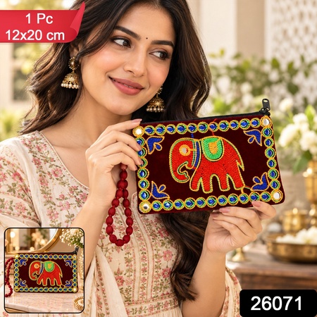 Elephant Embroidered Clutch Wallet Purse With Wrist Loop (1 Pc 12x20 Cm)